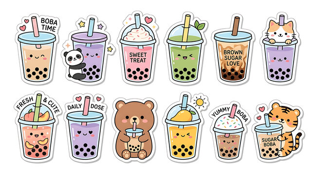 Playful Cartoon Illustration of Boba Tea Cups Paired with Animals in a Bright White Studio View