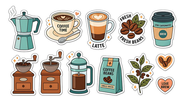Displaying coffee stickers collection with teal and brown designs on a white background, flat lay view of 11 graphic illustrations