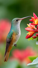 Obraz premium Macro view of hummingbird with beak touching vibrant tropical flower in nature