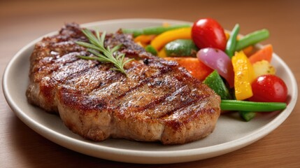 Grilled Steak Served with Colorful Fresh Vegetables on a Plate Ready for a Delicious Meal or Gourmet Dining Experience