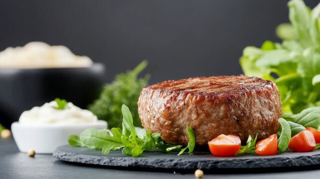 Juicy grilled beefcake on dark slate with fresh greens and vegetables for gourmet presentation