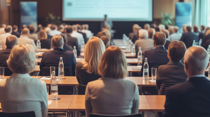 A wide-angle shot of a conference room filled with attendees seated at long wooden tables