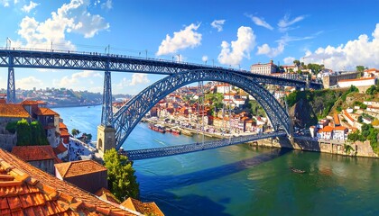 Naklejka premium A sweeping bridge arcs over a river, with a city of red-tiled roofs and colorful buildings on either side under a blue sky
