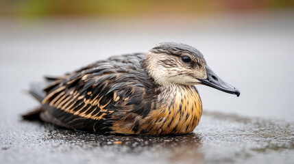 Fototapeta premium Oil spill catastrophe impact bird with soaked wings in contaminated water environment