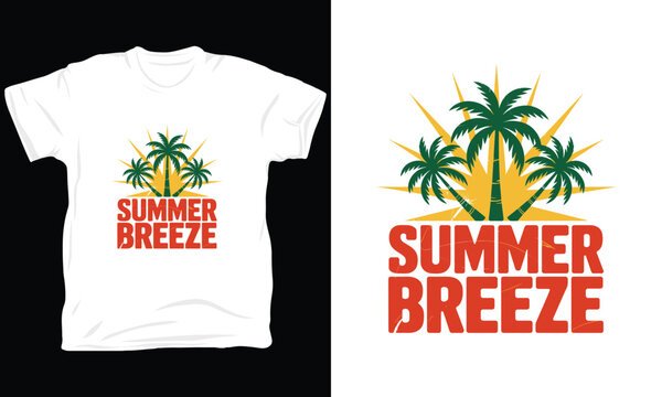 Summer breeze tshirt design with palm trees and sun rays emblem vector illustration art