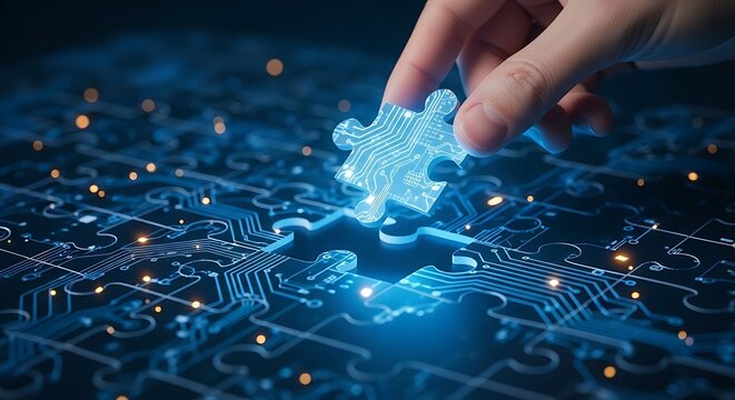 A hand holding and placing the final glowing blue digital jigsaw puzzle piece into a larger completed puzzle made of circuit patterns and data blocks