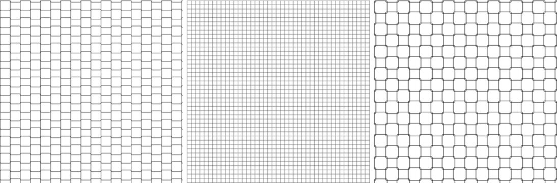 Minimal geometric grid pattern set featuring seamless square tile layouts and abstract line lattice textures.