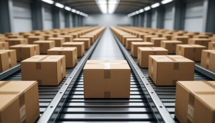 Cardboard boxes moving on automated conveyor belt in modern warehouse logistics industrial setting