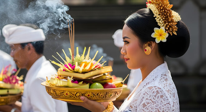 Beautiful Balinese woman respectfully performs a traditional Hindu ceremony, holding an elaborate canang sari offering with smoking incense, symbolizing devotion and spirituality.