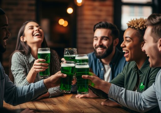 Group of woman and man toasting with green beer at pub. Friends celebrating Saint Patrick Day. Cheerful people having fun at party. Social gathering in bar with Irish holiday atmosphere.