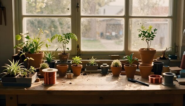 A serene table with multiple potted plants, serving as a tranquil setting for mindfulness and a miniature garden experience