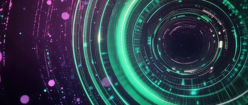 Abstract technology background with glowing green and purple concentric circles made of dots and lines on a black background. Modern futuristic design for animated banner .