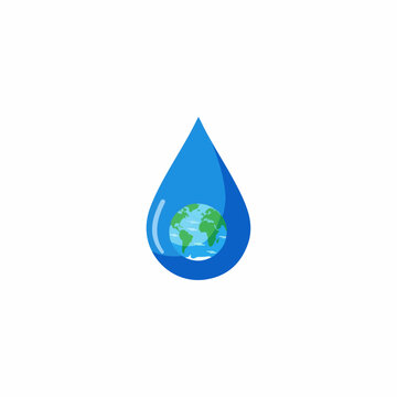 Flat vector style illustration of a blue water droplet with a small Earth inside, clean minimal shapes, white background, environmental awareness poster.