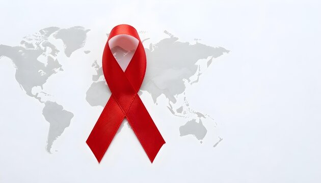 A red ribbon representing ALS awareness placed on a world map, highlighting global support for Lou Gehrig's Disease