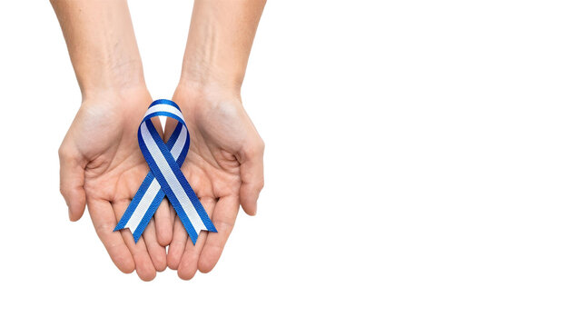 Two hands hold a blue and white awareness ribbon, signifying support for ALS and raising awareness for Lou Gehrig's Disease