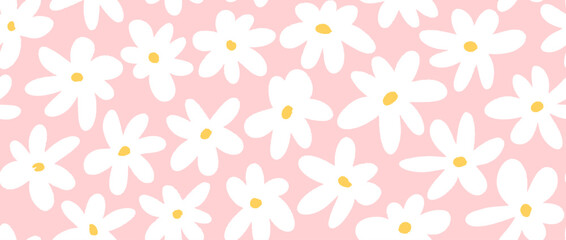 Fototapeta premium White flower seamless pattern on pink background. Cute hand drawn floral repeated wallpaper. Romantic blossom motif for textile print, fabric swatch, dress ornament, wrapping paper. Vector 