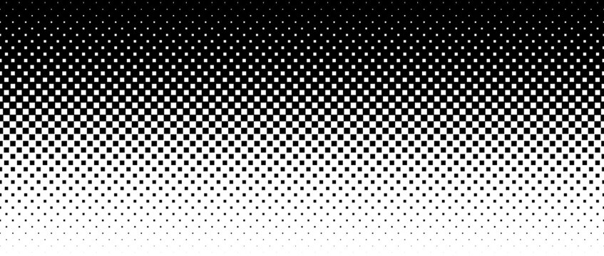 Square pixel halftone gradient texture. Fading checkered gradation wallpaper. Abstract vanishing comic pop art backdrop. Black and white squared dot background. Vector repeated raster effect overlay