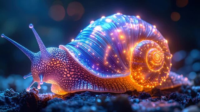Glowing snail with illuminated shell on a rocky surface, iridescent and fantastical