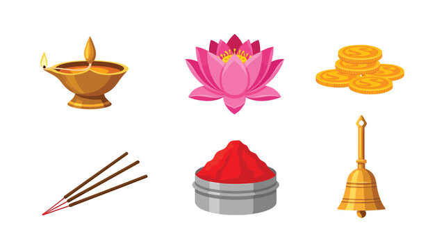 Diwali Festival Icons diya lamp lotus flower gold coins incense sticks kumkum powder and bell for Hindu puja and Indian celebrations