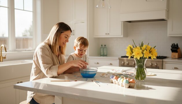 Easter Mother Son Dyeing eggs Kitchen Family Spring - a happy woman and child bonding while decorating colorful eggs for the holiday in a bright and sunlit modern kitchen area.
