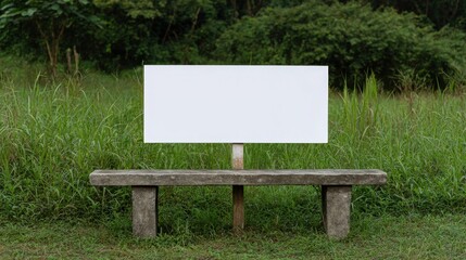 Minimalist white metal signboard resting on a concrete bench in a natural outdoor setting