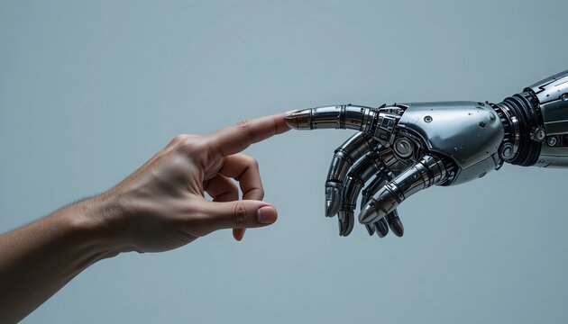 A human hand reaching toward a robotic hand with extended fingers, symbolizing connection between humanity and artificial intelligence, innovation, and future technology on a clean minimal background