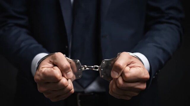 Man in a business suit with handcuffed hands. Financial crime, corruption and arrest concept
