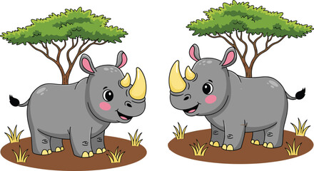 Cute cartoon rhinoceros characters standing on grass with acacia trees in savanna landscape, colorful wildlife animal illustration for kids, nursery design, education and safari theme © MdNurul
