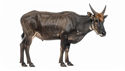Obraz premium A dark brown wildebeest standing against a white background, side view, showing its distinctive horns and fur texture.