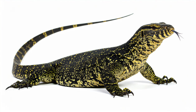 A large monitor lizard with yellow and black scales standing on white background.