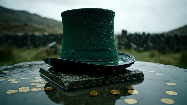 Green top hat in the rain, surrounded by gold coins on a wet stone table in an Irish landscape. Ideal for St. Patrick's Day, luck, leprechaun, folklore, and fantasy themes.