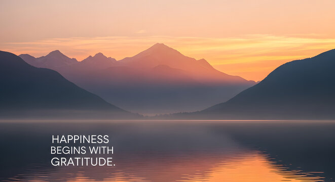 Peaceful mountain lake at sunrise with inspiring quote about happiness and gratitude