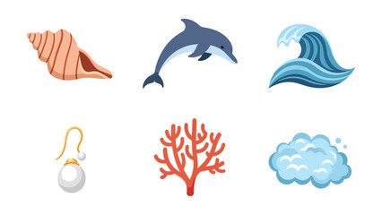 Naklejka premium Oceanic Icons Seashell Dolphin Wave Pearl Earring Coral Clouds Aquatic Icons Collection