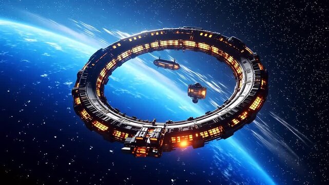 Digital technology universe space station background