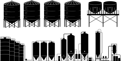 Industrial storage tanks and grain silos silhouette set chemical plant containers fuel tanks agriculture silos factory storage system vector illustration collection © Goutom
