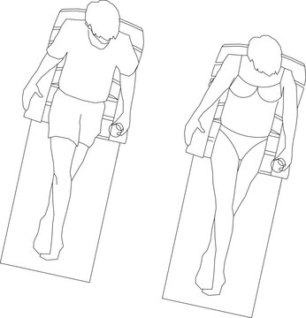 Technical illustration showing human figures in swimwear lying on lounge chairs in plan view for pool, beach or spa facility layout planning.