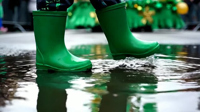 Child in vibrant green rubber boots joyfully splashes in a street puddle, reflecting blurred St. Patrick's Day parade decorations. Ideal for St. Patrick's celebrations, childhood fun,