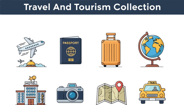 Collection of travel icons including a plane passport luggage globe hotel camera map and taxi