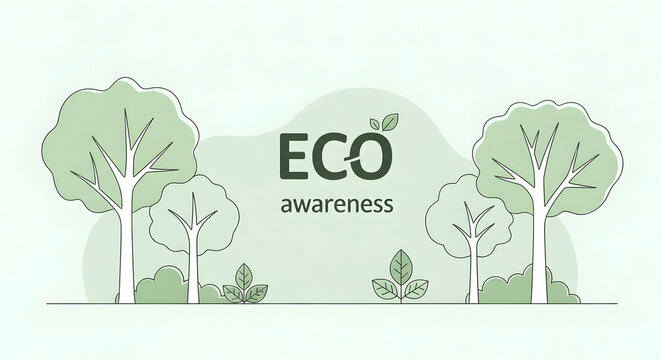 Eco awareness graphic banner with minimalist trees and clean typography