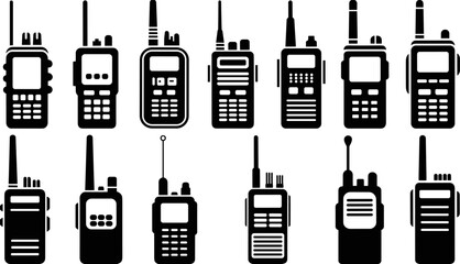 Set of handheld walkie talkie radios and portable two way communication devices, radio transceiver icons collection isolated on white background, wireless communication technology concept © Goutom