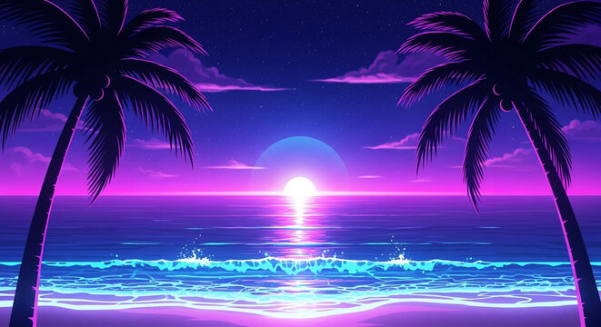 A vibrant synthwave sunset illuminates a tropical beach with palm trees silhouetted against the neon sky and ocean waves