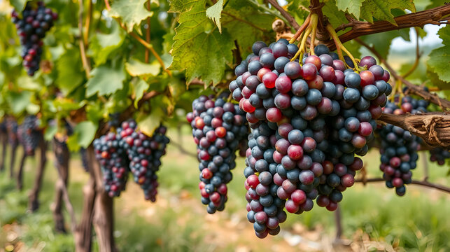 Vineyard. Large bunches of ripe wine grapes hang from old vines in wine region.