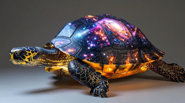 A turtle with a shell depicting a colorful galaxy and starry universe against a plain background