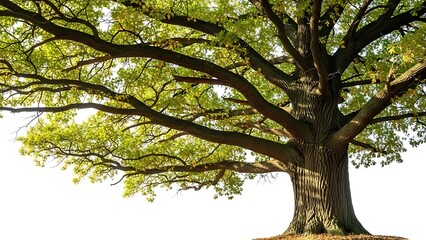Fototapeta premium Close-up of a Large Oak Tree Trunk and Spreading Branches with Green Leaves on White Background