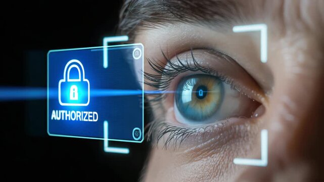 Biometric eye scan showing authorized access with secure lock icon