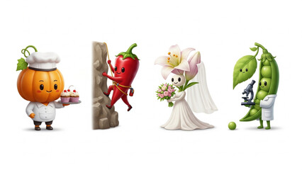 Fototapeta premium Cute 3D Cartoon Vegetable and Flower Characters Set with Professions