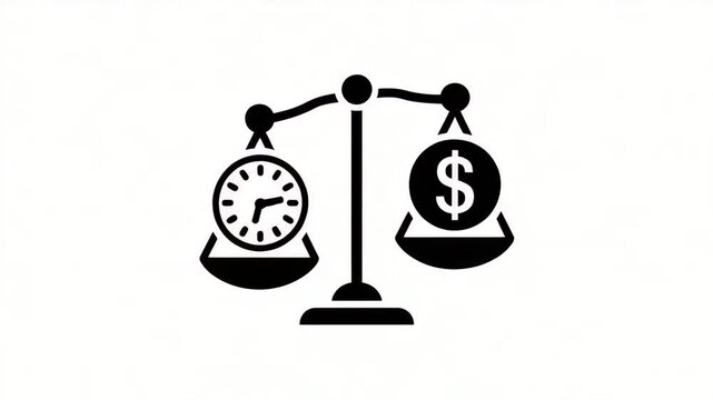 Time is Money concept with black silhouette balance scale icon, weighing a clock and a dollar sign, isolated on a clean white background, representing business value and financial management