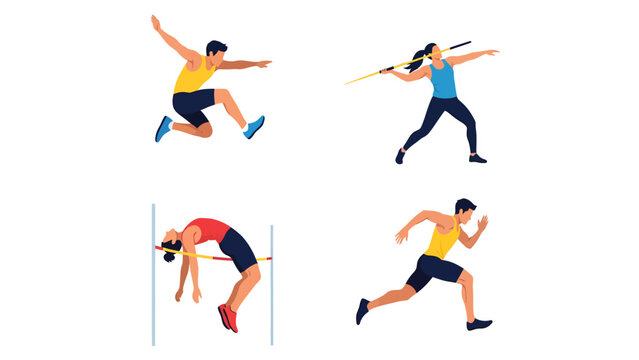 Athletics Sports Flat Vector Icons Running Long Jump High Jump Javelin Throw Diverse Athletes Competing in Track and Field Events for Healthy Lifestyle Motivation and Sports Event Promotion Ideas