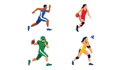 Obraz premium Diverse Athletes Competing in Four Popular Sports Running Basketball Football and Volleyball Dynamic Vector Illustrations for Sports Marketing