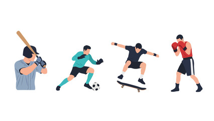 Obraz premium Diverse Athletes in Action Baseball Player Soccer Goalie Skateboarder and Boxer Flat Design Illustration